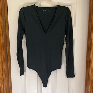 Abercrombie & Fitch dark green Deep V Long Sleeve Bodysuit